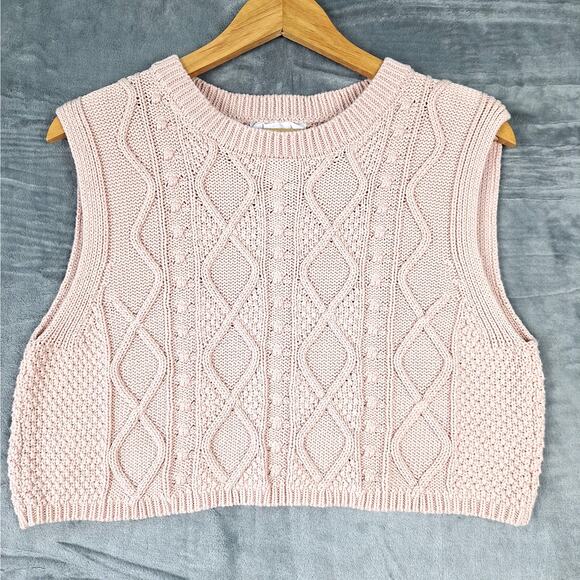 Double Zero Sweaters - Womens Sweater Vest Large Pink Preppy Academia‎ Cable Knit Bobble Boho Old Money
